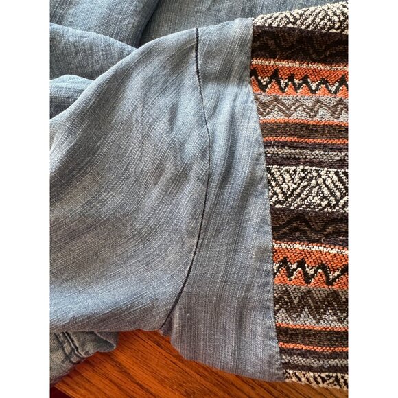 Joh Boho Tunic Dress S Blue Denim Style Fringe Hem Aztec Fabric Yoke - Picture 14 of 14